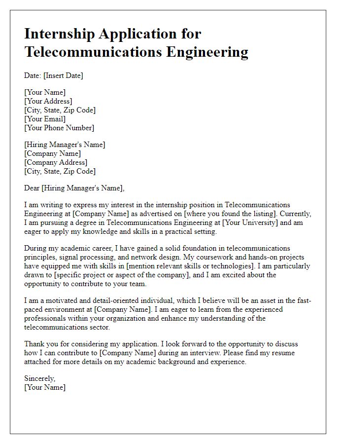 Letter template of internship application for telecommunications engineering.