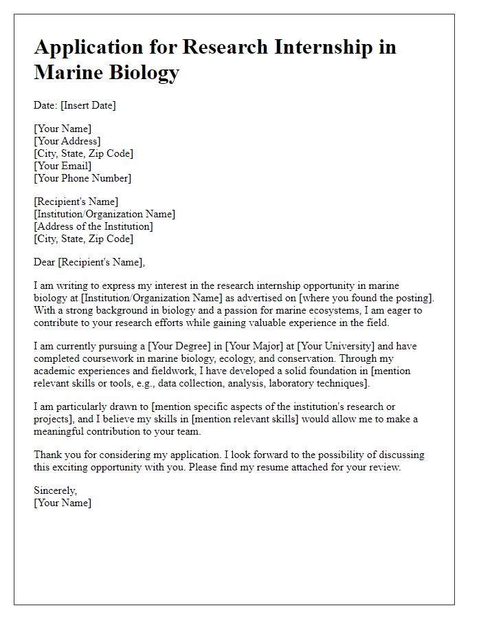 Letter template of application for research internship in marine biology