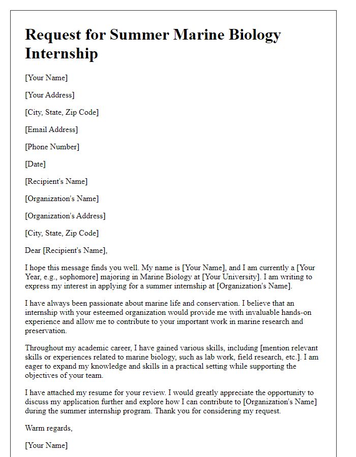 Letter template of request for summer marine biology internship