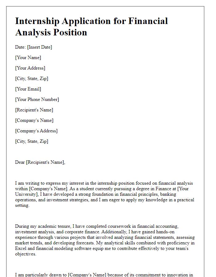 Letter template of internship application stressing financial analysis in banking