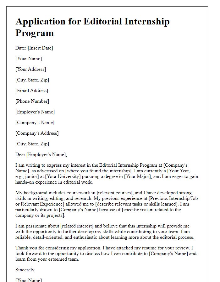 Letter template of application for editorial internship program