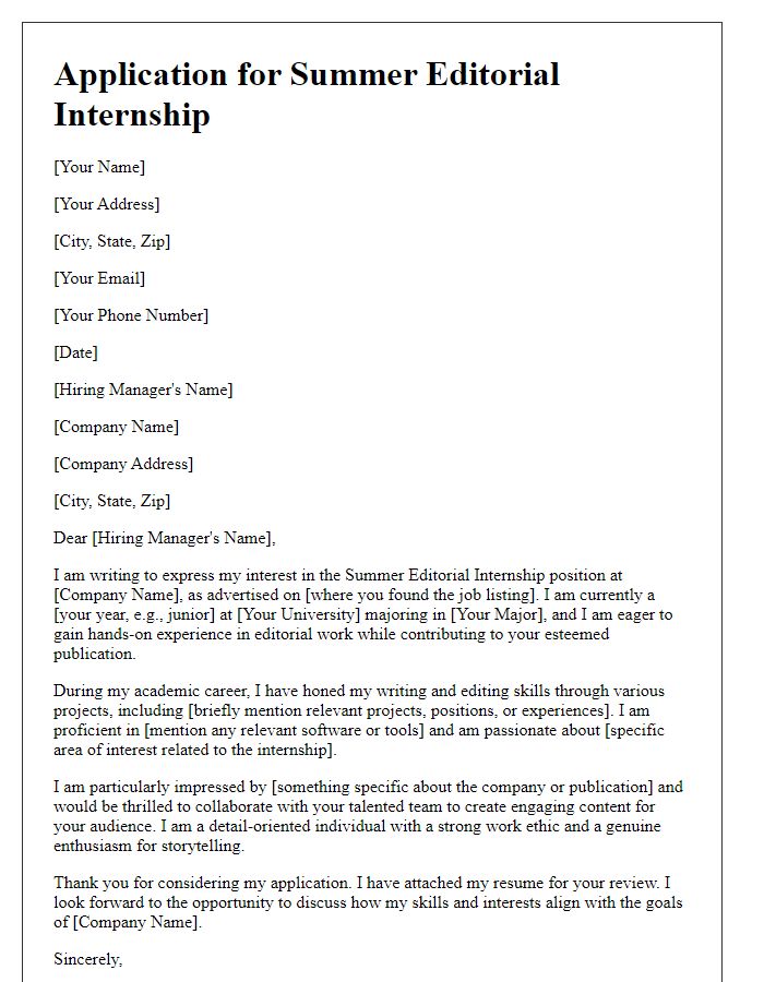 Letter template of application for summer editorial internship