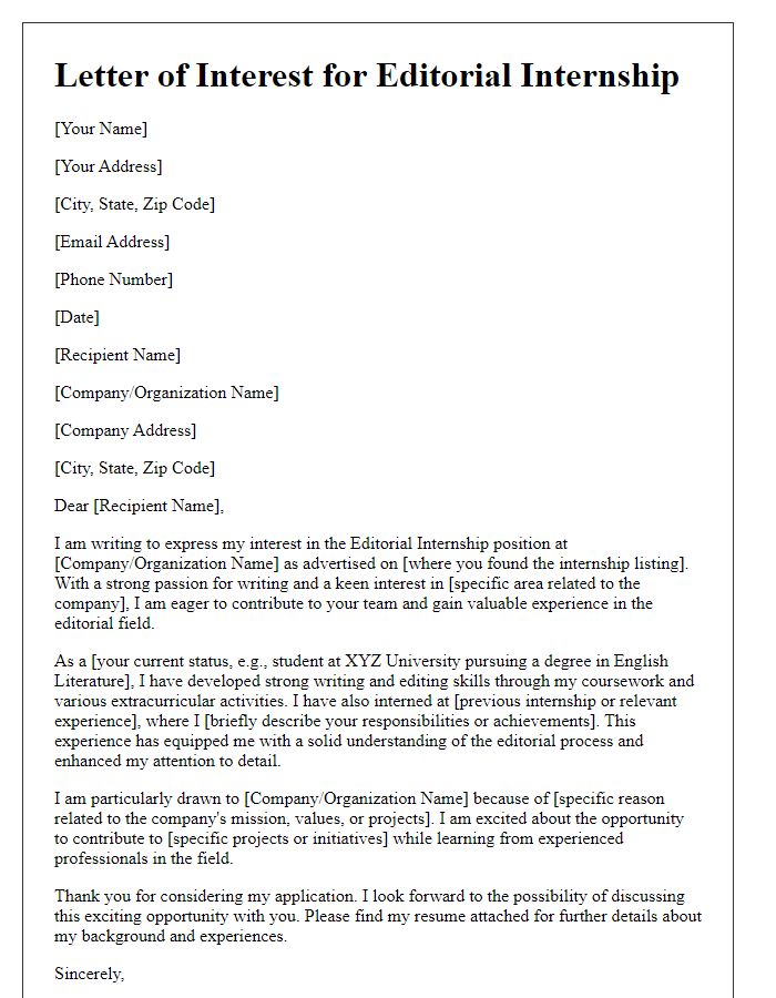 Letter template of interest for editorial internship roles