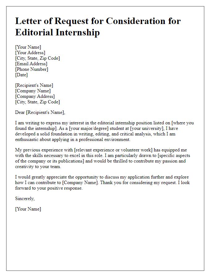 Letter template of request for consideration for editorial internship