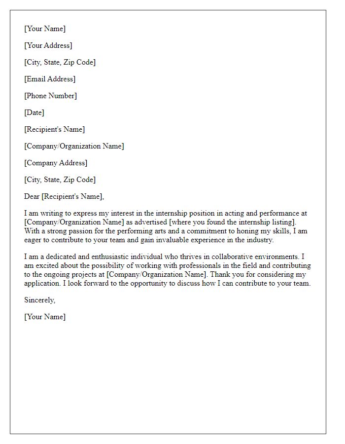 Letter template of internship application for acting and performance internships