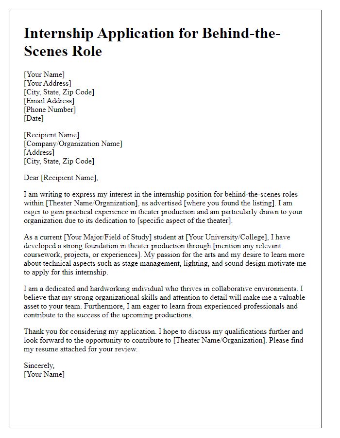 Letter template of internship application for behind-the-scenes roles in theater