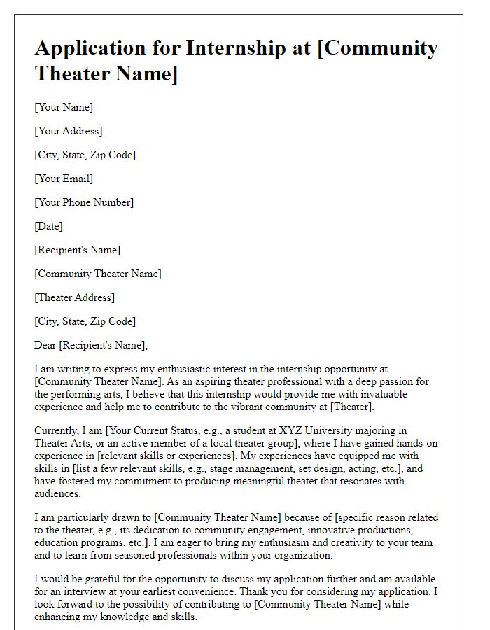 Letter template of internship application for community theater involvement