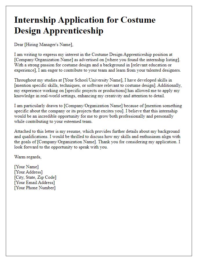 Letter template of internship application for costume design apprenticeships