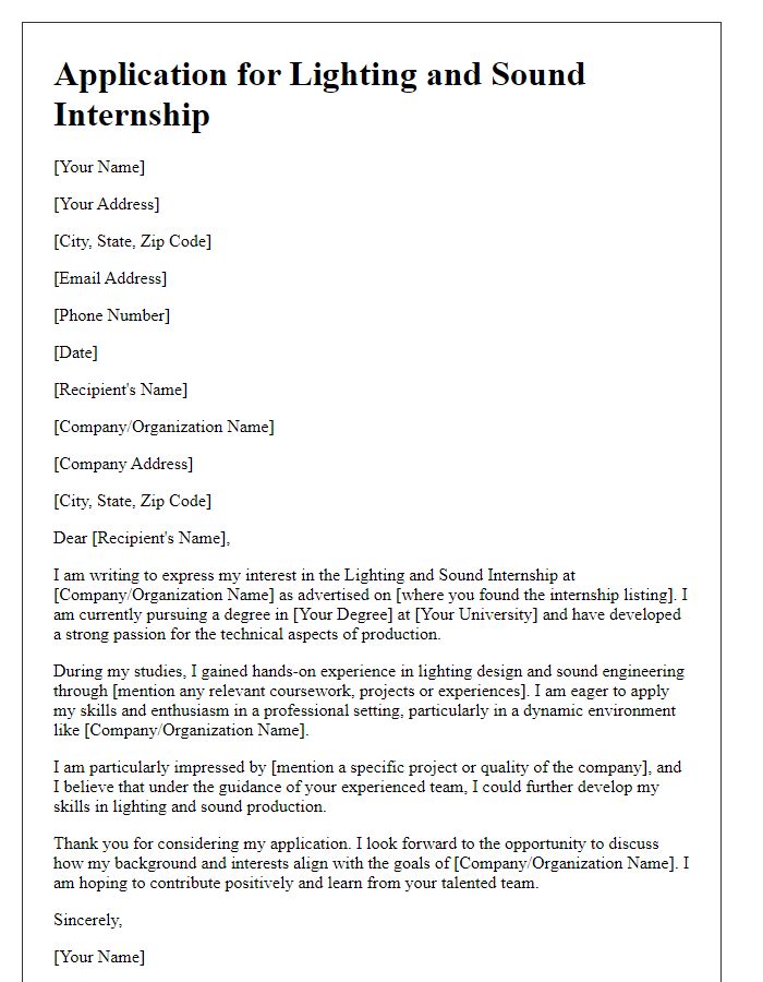 Letter template of internship application for lighting and sound internships