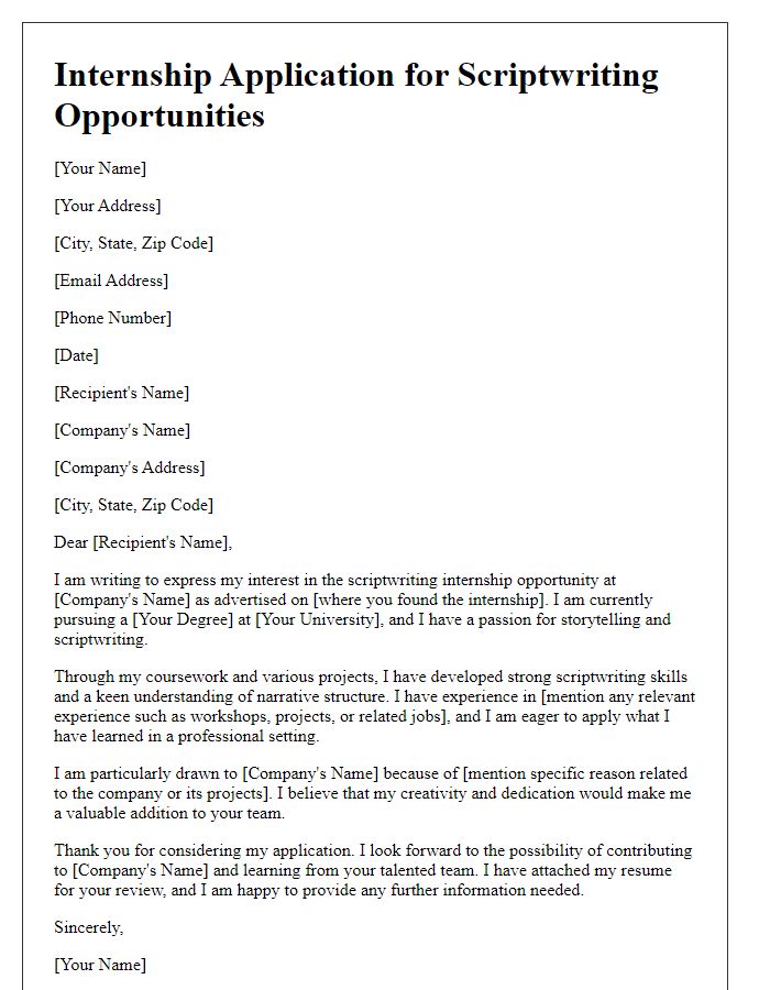 Letter template of internship application for scriptwriting opportunities