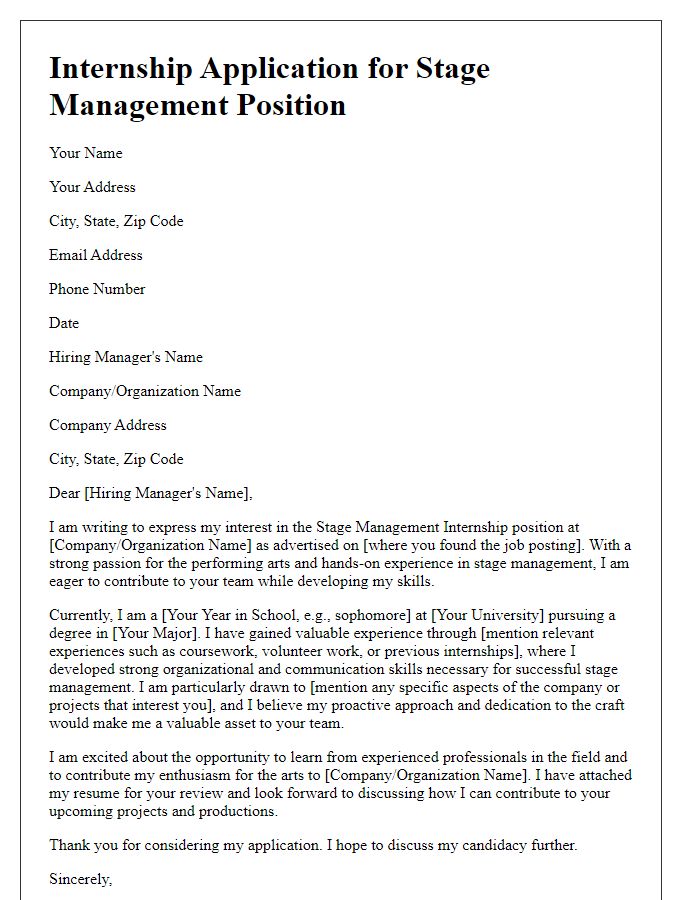 Letter template of internship application for stage management positions