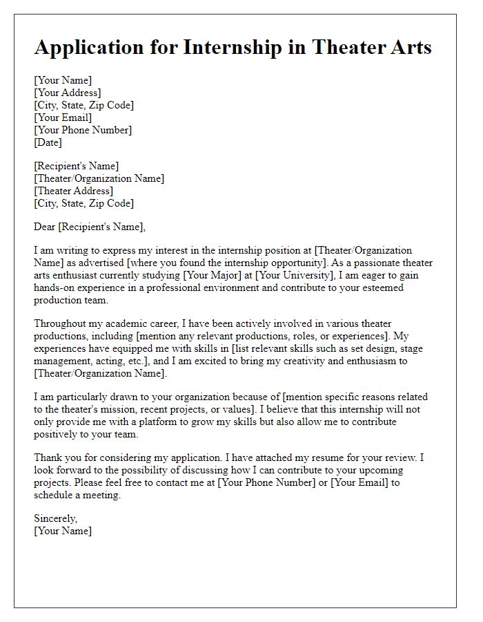 Letter template of internship application for theater arts enthusiasts