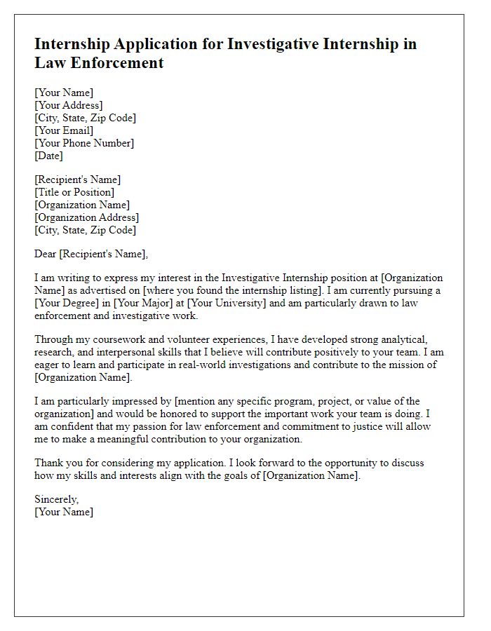 Letter template of internship application for investigative internship in law enforcement