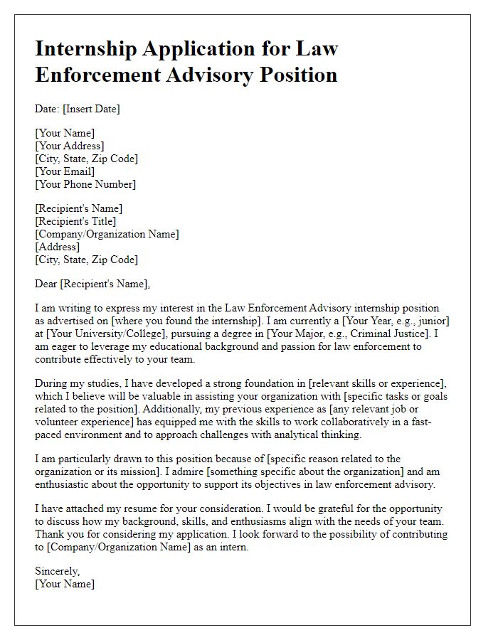 Letter template of internship application for law enforcement advisory position