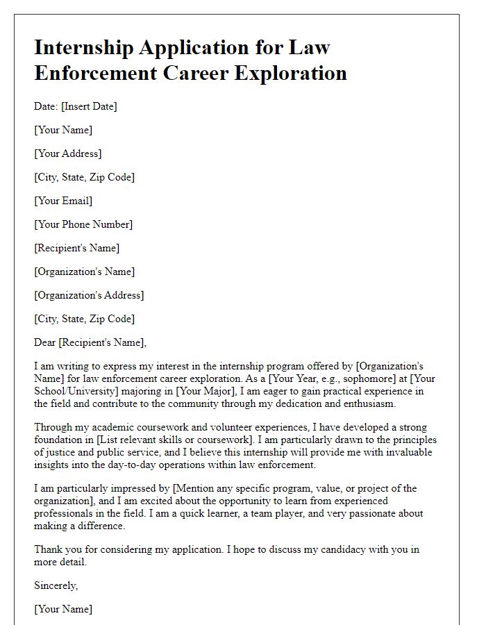 Letter template of internship application for law enforcement career exploration