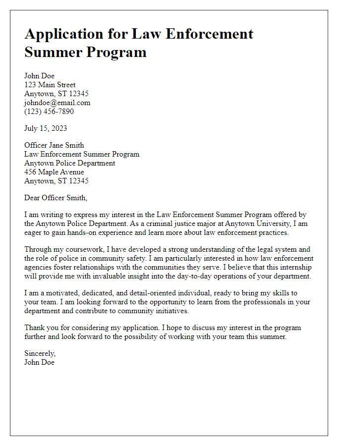 Letter template of internship application for law enforcement summer program