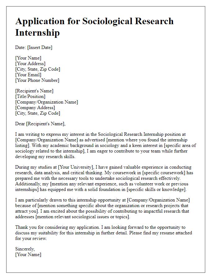 Letter template of application for sociological research internship opportunity.