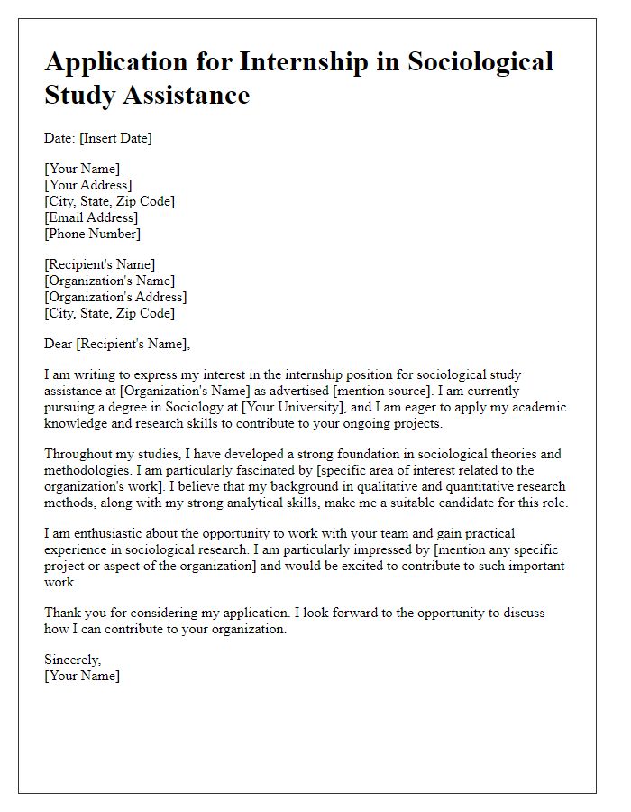 Letter template of internship application for sociological study assistance.