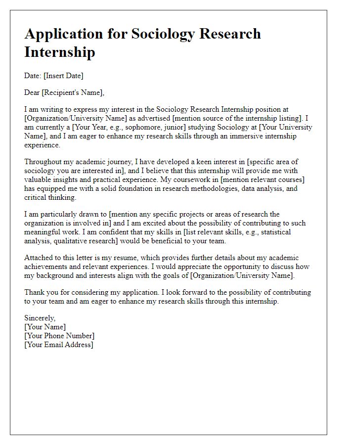 Letter template of sociology research internship application to enhance research skills.