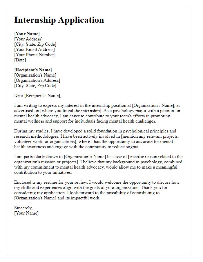 Letter template of internship application for psychology major addressing mental health advocacy.