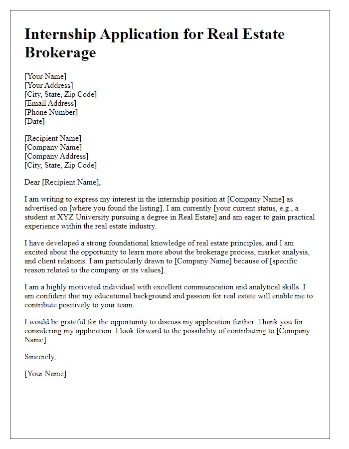 Letter template of internship application for real estate brokerage.