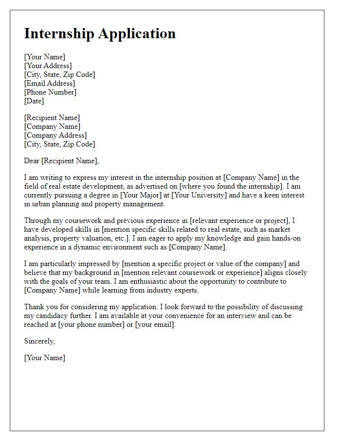 Letter template of internship application for real estate development.