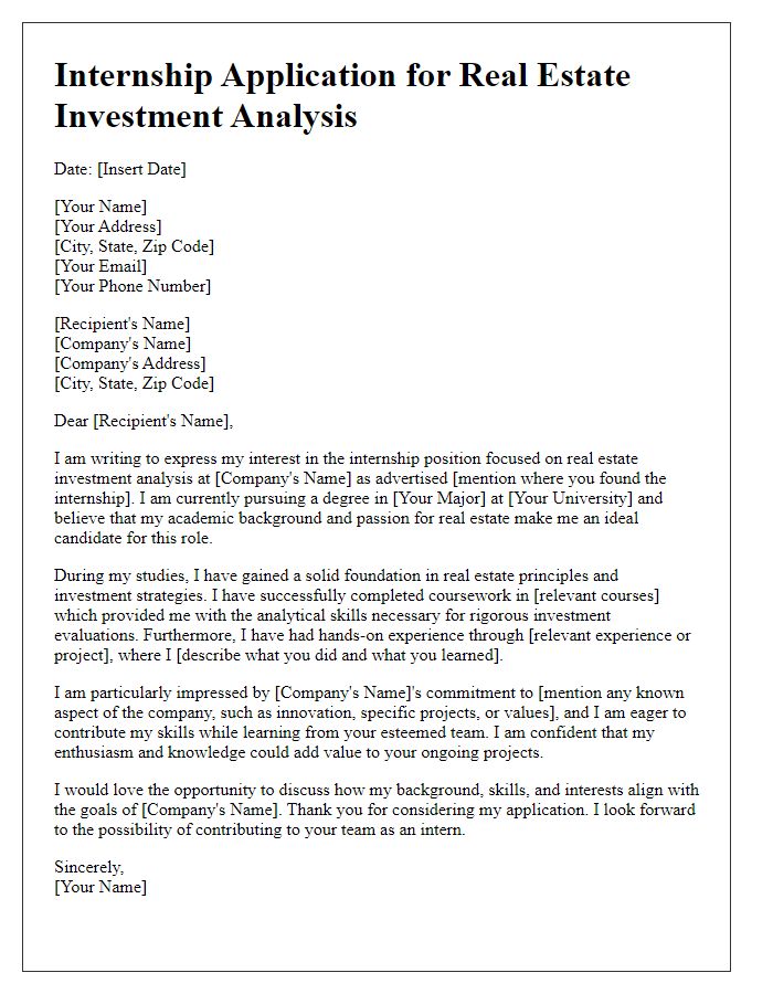 Letter template of internship application for real estate investment analysis.