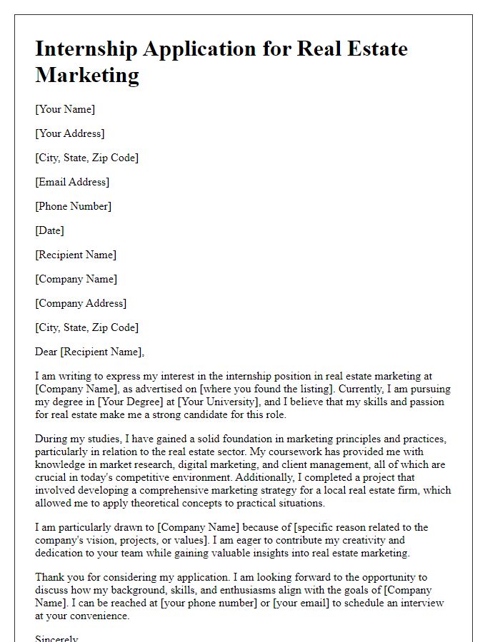 Letter template of internship application for real estate marketing.