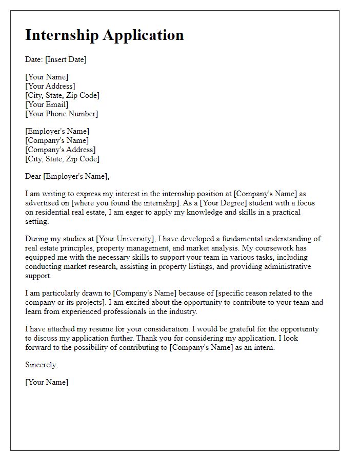 Letter template of internship application for residential real estate.