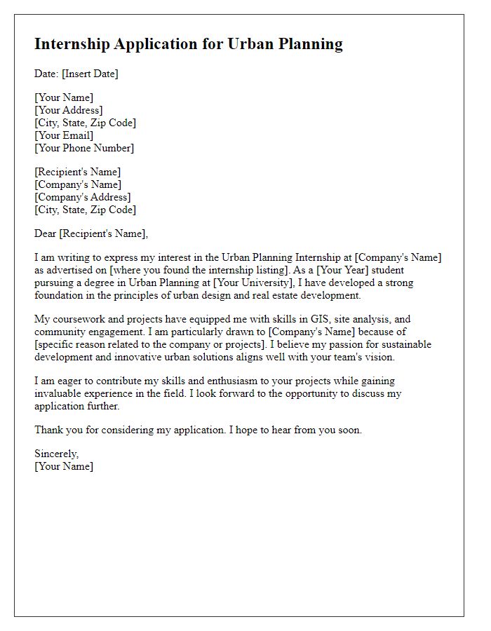 Letter template of internship application for urban planning in real estate.