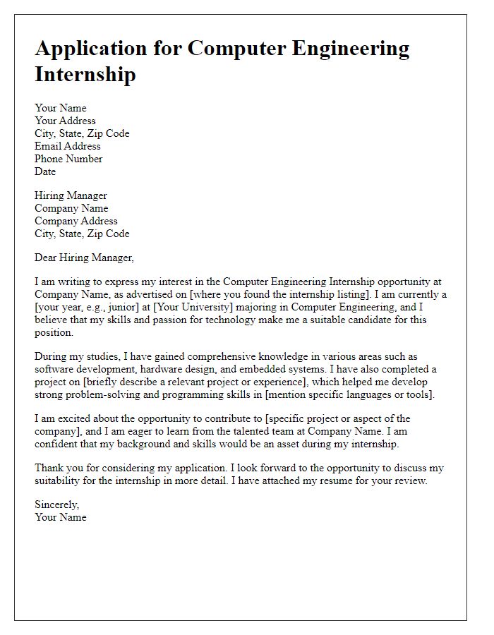 Letter template of application for computer engineering internship opportunity