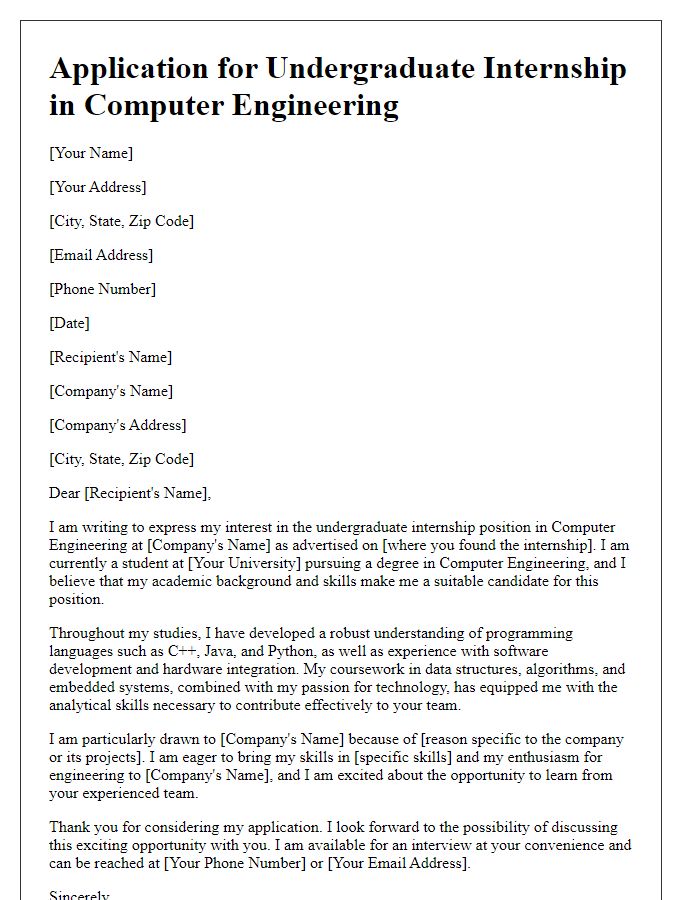 Letter template of application for undergraduate internship in computer engineering