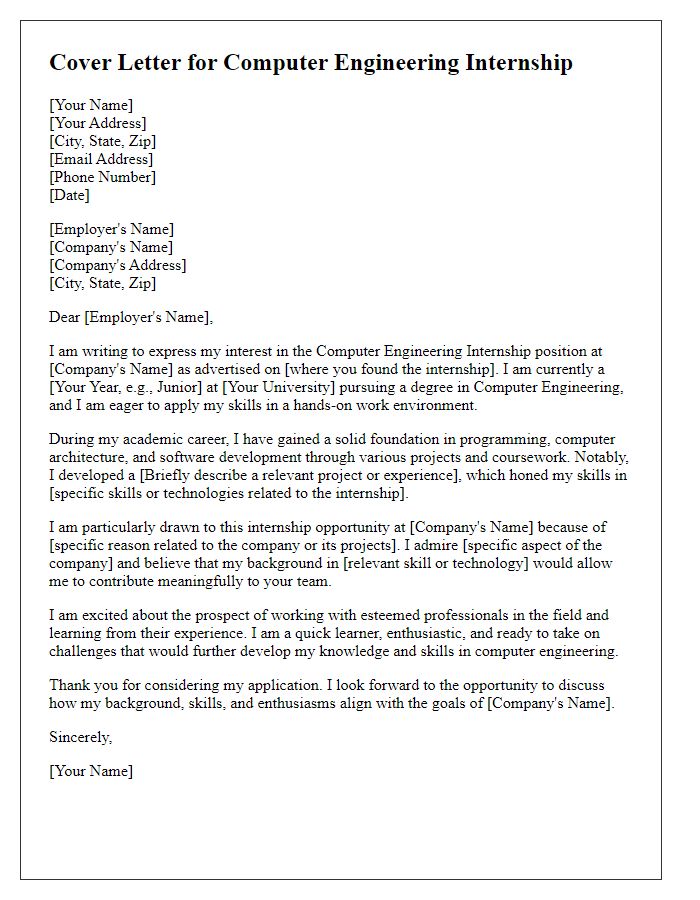 Letter template of cover letter for computer engineering internship