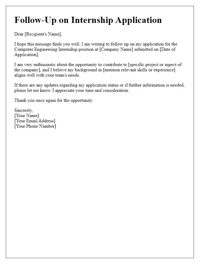 Letter template of follow-up on computer engineering internship application