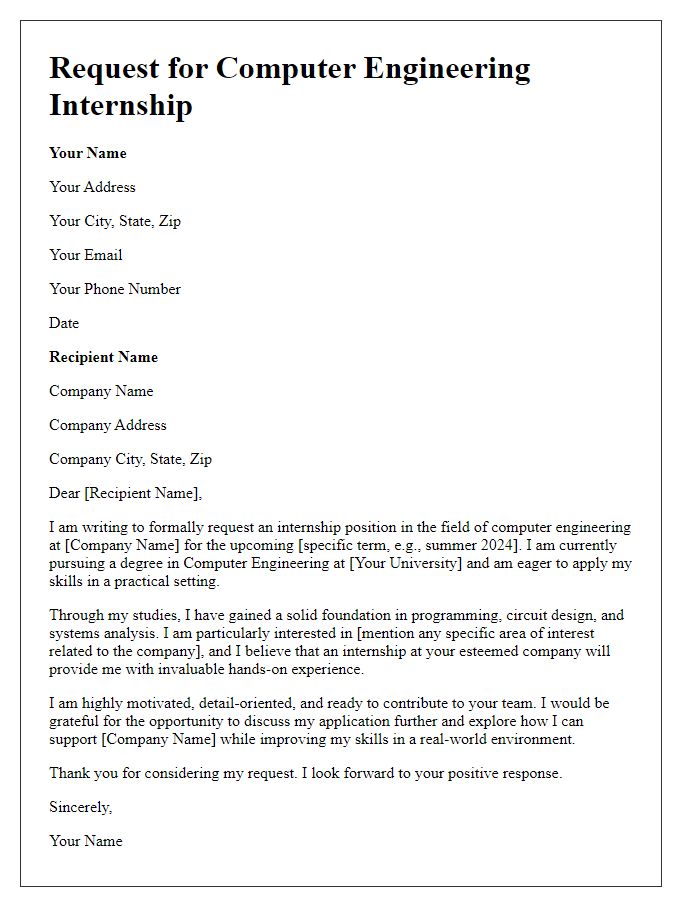 Letter template of formal request for computer engineering internship