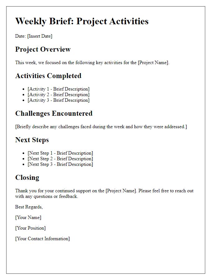 Letter template of Weekly Brief on Project Activities