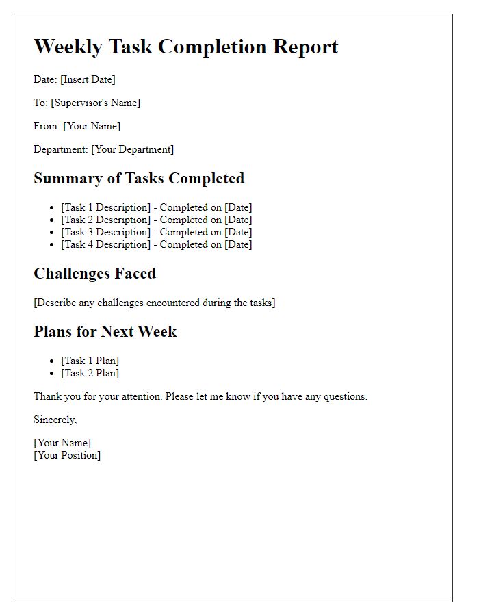 Letter template of Weekly Task Completion Reports