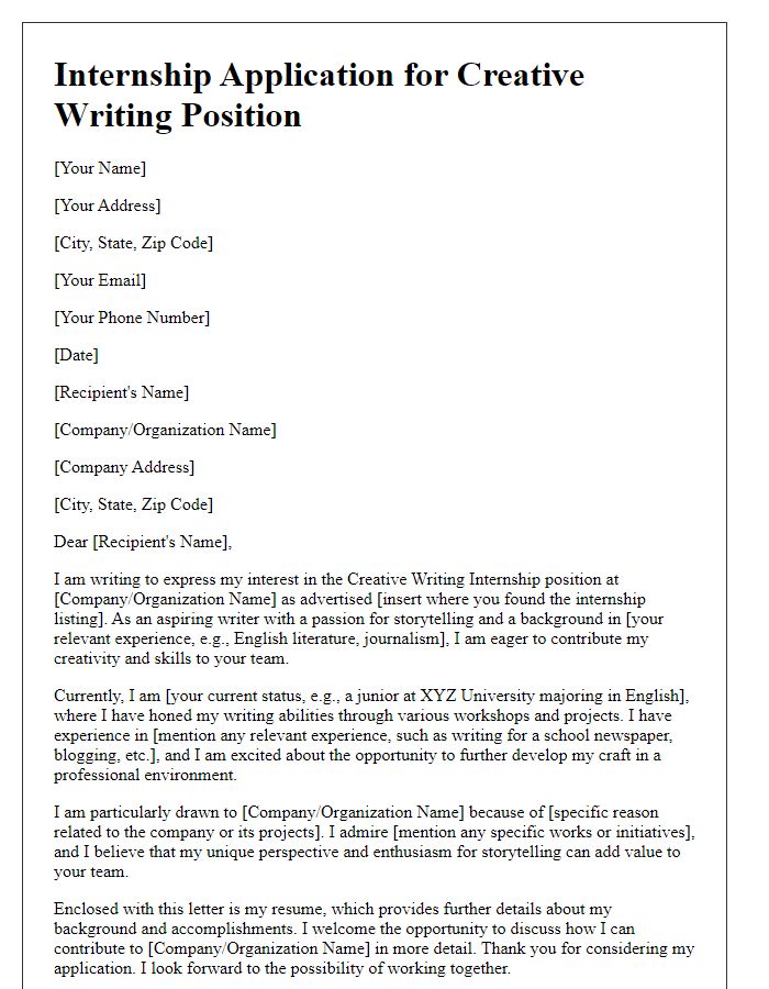 Letter template of internship application for aspiring creative writers.