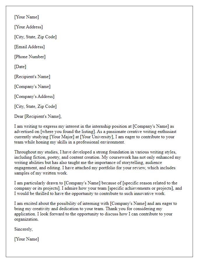 Letter template of internship application for creative writing enthusiasts.