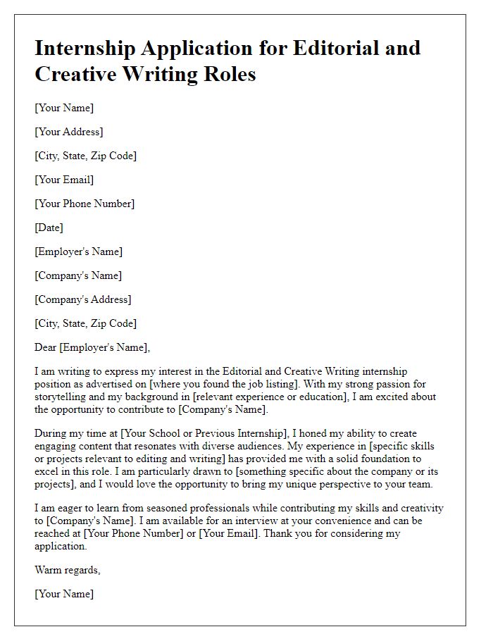 Letter template of internship application for editorial and creative writing roles.