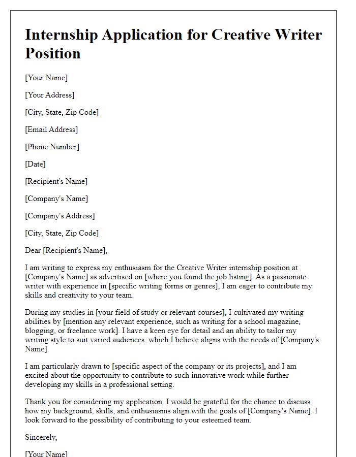 Letter template of internship application for freelance creative writers.