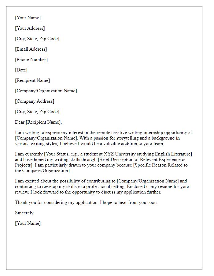 Letter template of internship application for remote creative writing opportunities.