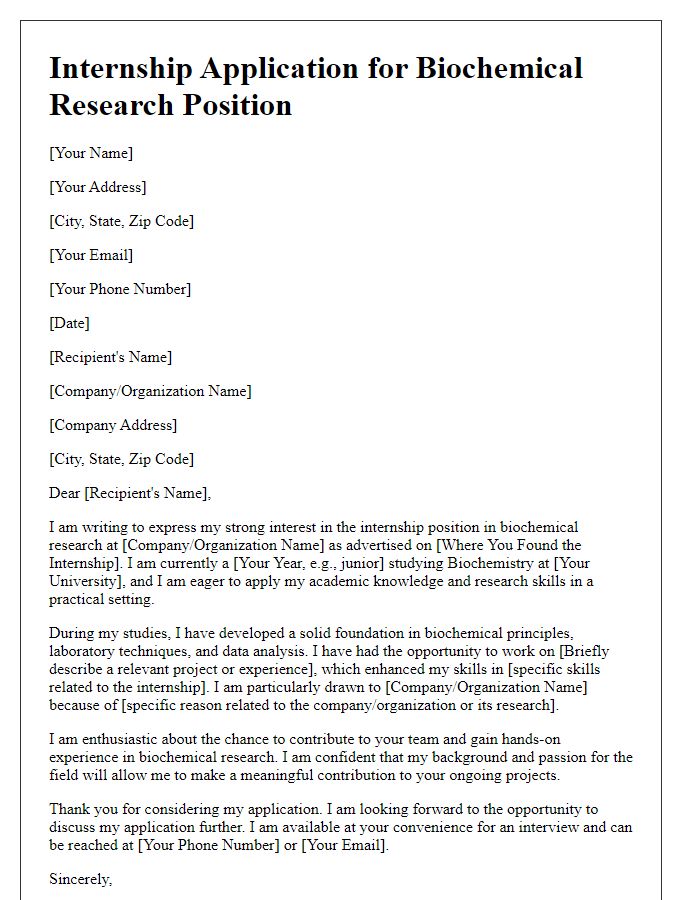 Letter template of internship application for biochemical research student