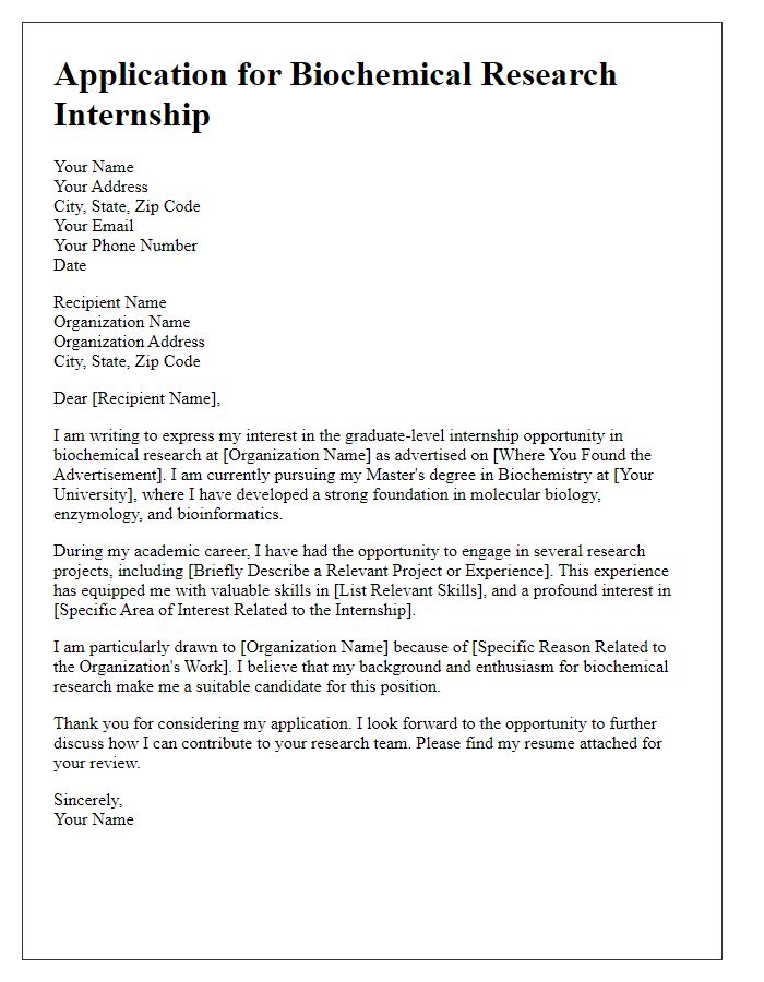 Letter template of internship application for graduate-level biochemical research