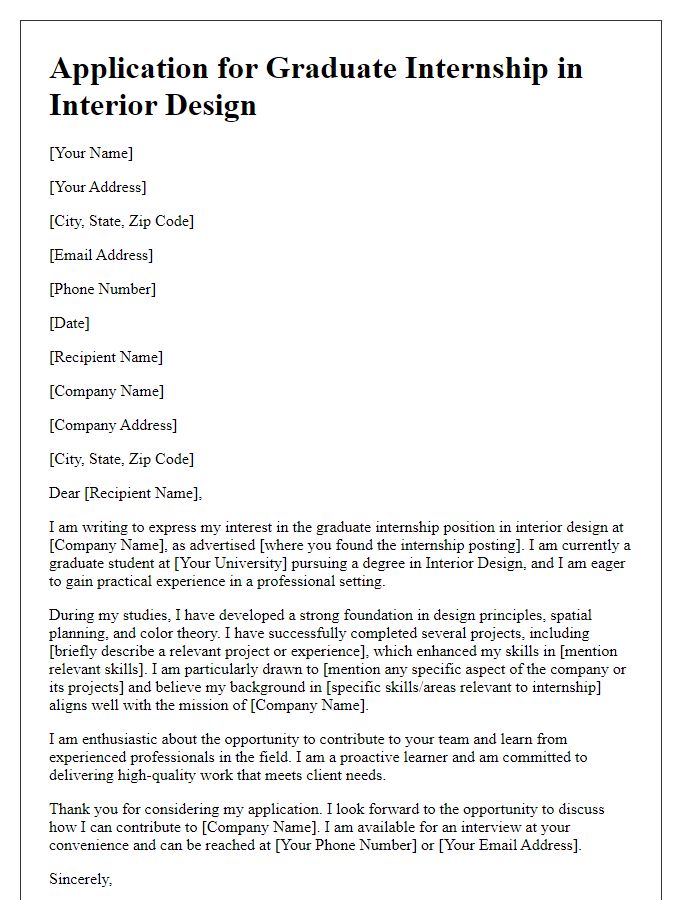 Letter template of application for graduate internship in interior design