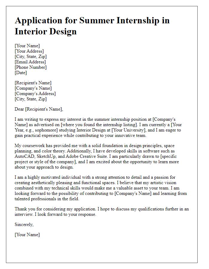 Letter template of application for summer internship in interior design