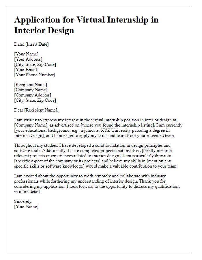 Letter template of application for virtual internship in interior design