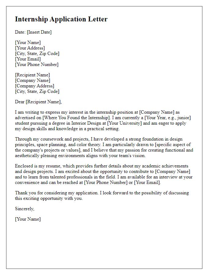 Letter template of internship application for interior design students