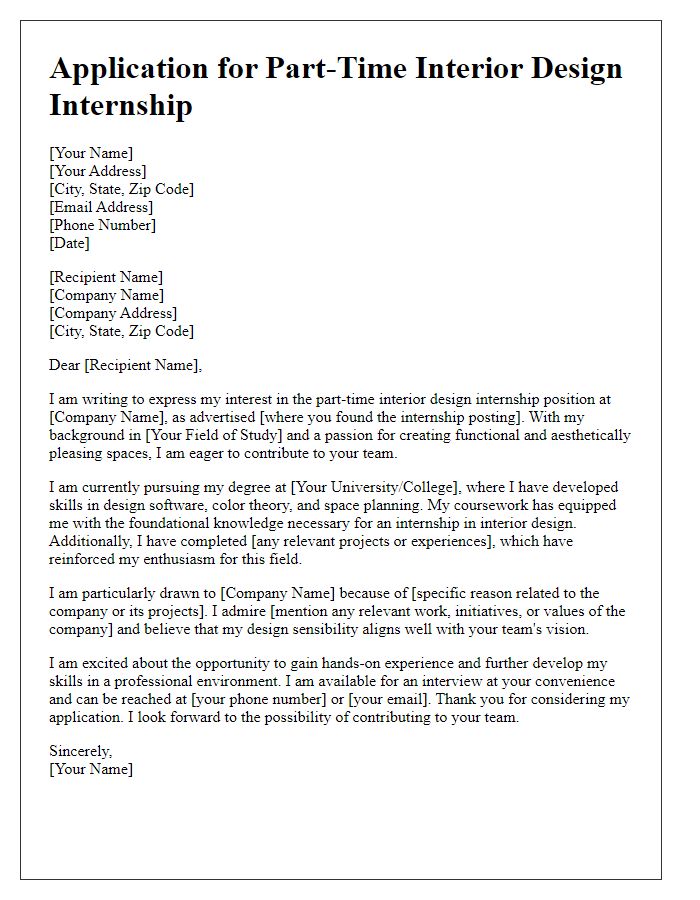 Letter template of part-time interior design internship application