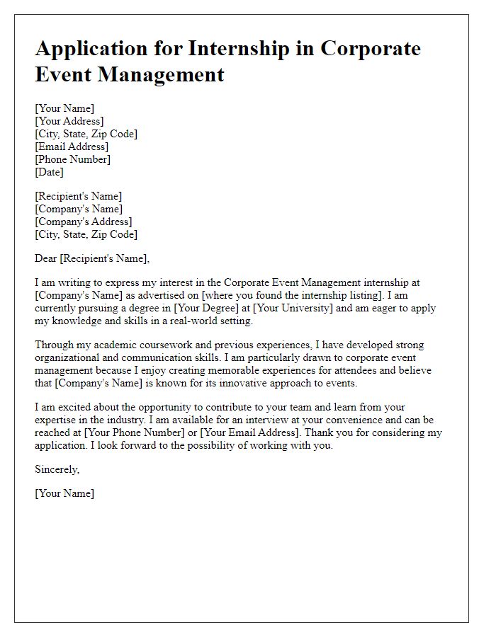 Letter template of internship application for corporate event management.